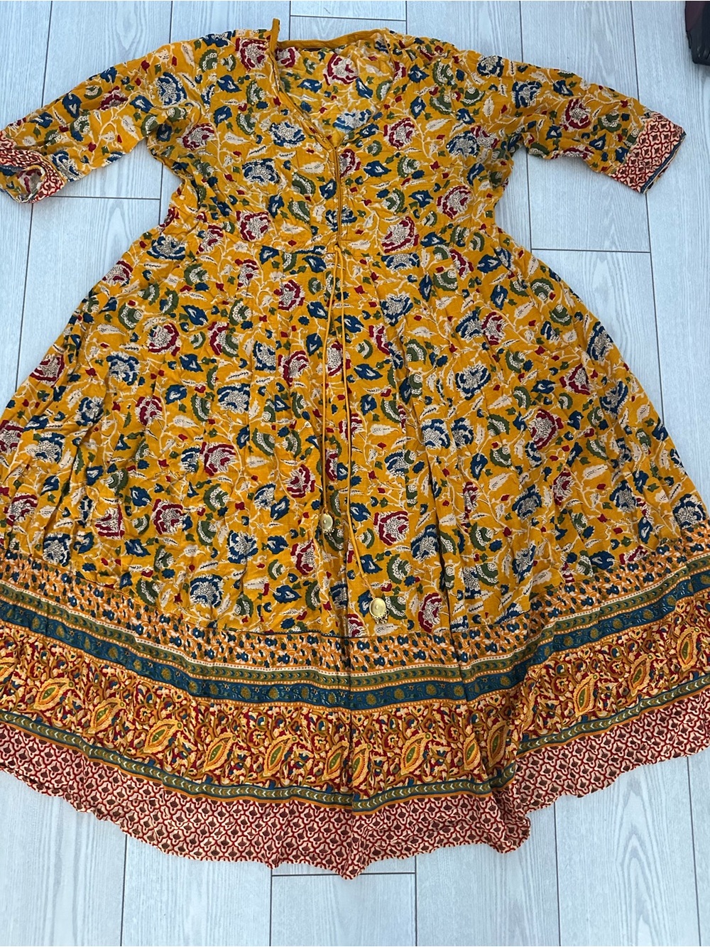 Mustard Yellow Floral Boho Midi Dress